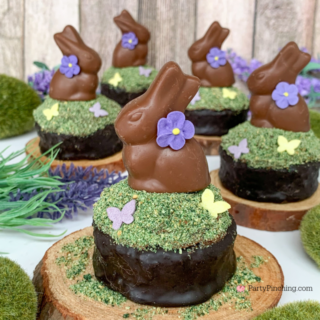 Chocolate moss Easter Bunny, Drake's Ring Dings Easter Bunny Cakes, no bake Easter bunny dessert, easy best Easter brunch recipe ideas, chocolate bunny woodland moss graham cracker Easter cupcake recipe, elegant Easter dessert for spring