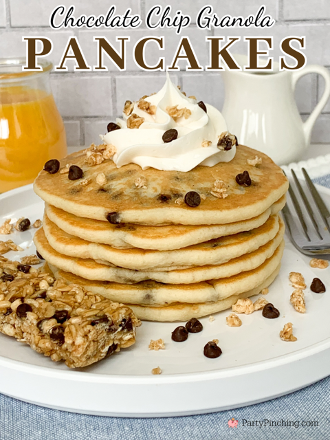 chocolate chip granola pancakes, easy chocolate chip pancakes, chocolate chip chewy granola bar pancakes, sunbelt bakery chocolate chip granola bars, easy best granola pancakes, easy budget friendly cheap breakfast meal recipe ideas