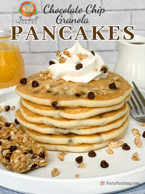 chocolate chip granola pancakes, easy chocolate chip pancakes, chocolate chip chewy granola bar pancakes, sunbelt bakery chocolate chip granola bars, easy best granola pancakes, easy budget friendly cheap breakfast meal recipe ideas