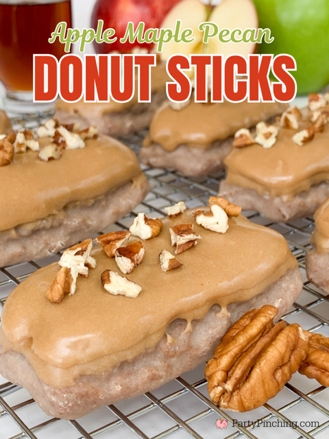 apple maple pecan donut sticks, little debbie apple cinnamon donut sticks, easy maple bacon donut bars, easy maple glaze recipe, easy maple pecan bars, easy breakfast ideas, coffee and donut ideas