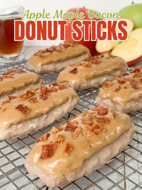 apple maple bacon donut sticks, little debbie apple cinnamon donut sticks, easy maple bacon donut bars, easy maple glaze recipe, easy maple bacon bars, easy breakfast ideas, coffee and donut ideas