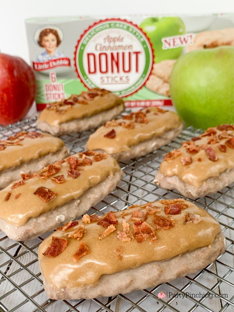 apple maple turkey bacon donut sticks, little debbie apple cinnamon donut sticks, easy maple Turkey bacon donut bars, easy maple glaze recipe, easy maple bacon bars, easy breakfast ideas, coffee and donut ideas