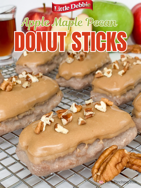 apple maple pecan donut sticks, little debbie apple cinnamon donut sticks, easy maple bacon donut bars, easy maple glaze recipe, easy maple pecan bars, easy breakfast ideas, coffee and donut ideas