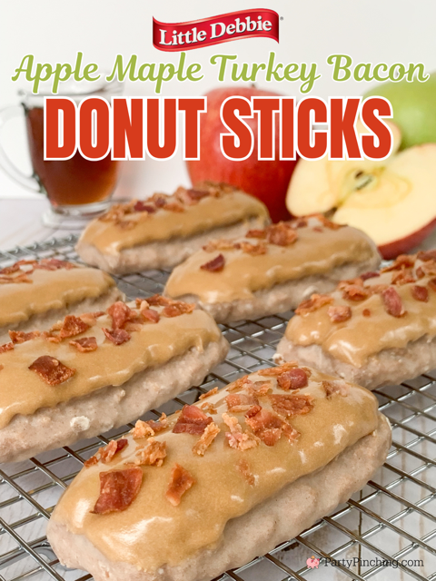 apple maple turkey bacon donut sticks, little debbie apple cinnamon donut sticks, easy maple Turkey bacon donut bars, easy maple glaze recipe, easy maple bacon bars, easy breakfast ideas, coffee and donut ideas