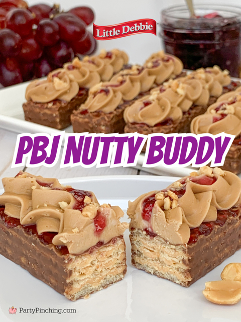 PBJ Nutty Buddy bars, easy nutty buddy recipes, best Little Debbie Nutty Buddy recipes, best easy PBJ dessert ideas, best lunchbox recipe ideas, best peanut butter and jelly dessert recipe ideas, chocolate peanut butter and grape jelly recipe, best kid friendly dessert recipe, best lunch recipe ideas for kids, best peanut butter buttercream recipe easy to make