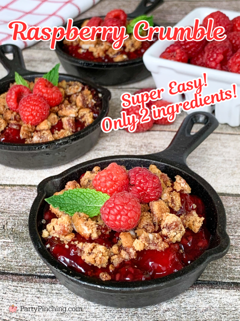 raspberry crumble, easy 2 ingredient raspberry crumble, easy mini pan desserts, best easy budget friendly dessert ideas, quick and easy desserts, best easy quick raspberry fruit crumble recipe ideas, pie filling and sunbelt bakery soft raspberry granola bars