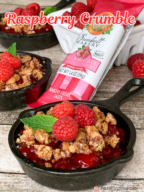 raspberry crumble, easy 2 ingredient raspberry crumble, easy mini pan desserts, best easy budget friendly dessert ideas, quick and easy desserts, best easy quick raspberry fruit crumble recipe ideas, pie filling and sunbelt bakery soft raspberry granola bars