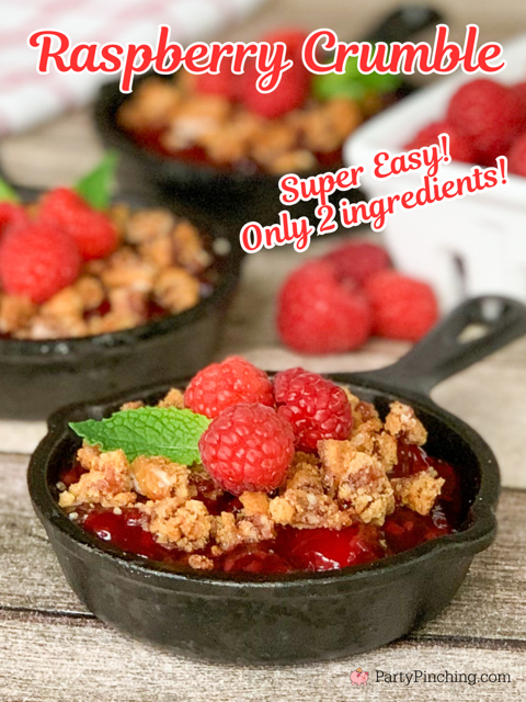 raspberry crumble, easy 2 ingredient raspberry crumble, easy mini pan desserts, best easy budget friendly dessert ideas, quick and easy desserts, best easy quick raspberry fruit crumble recipe ideas, pie filling and sunbelt bakery soft raspberry granola bars