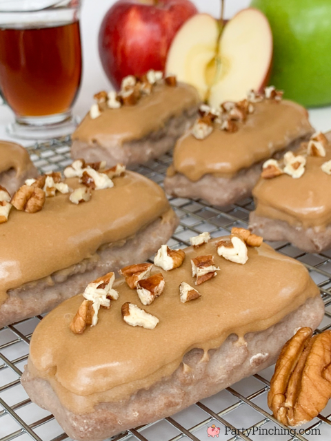 apple maple pecan donut sticks, little debbie apple cinnamon donut sticks, easy maple bacon donut bars, easy maple glaze recipe, easy maple pecan bars, easy breakfast ideas, coffee and donut ideas