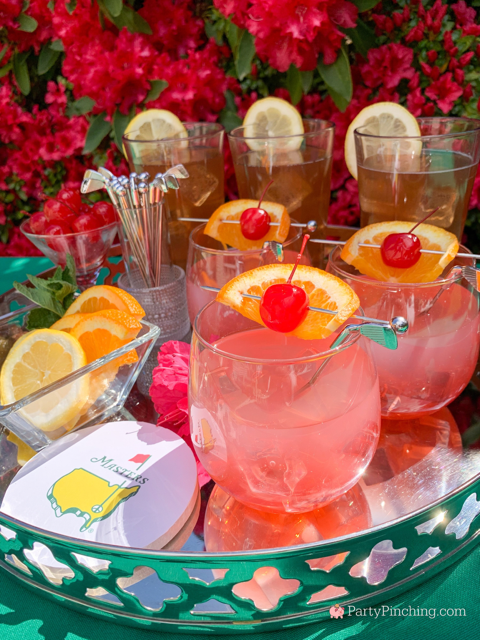The ultimate Masters party, Augusta National Golf, Masters Golf Tournament, Masters viewing watch party ideas, best Masters Party, Taste of the Masters, Goldbelly, best easy pimento cheese sandwiches, best eggs salad sandwiches, best easy Masters peach ice cream sandwich mini recipe, Masters Azalea Drink recipe original authentic, Masters cookie, Masters golf popcorn, DIY Masters menu sign