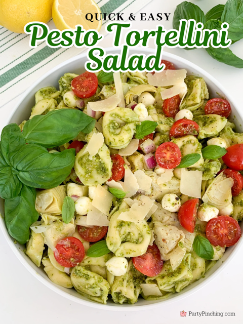 pesto tortellini pasta salad, best easy basil pesto tortellini pasta salad, easy best 30 minute meal recipe ideas for summer, best easy summer salad for picnics potlucks pasta salad, basil pesto pasta salad easy summer meals