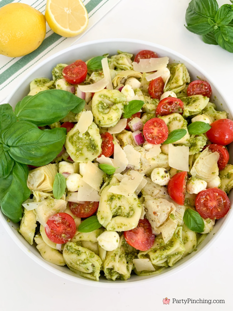 pesto tortellini pasta salad, best easy basil pesto tortellini pasta salad, easy best 30 minute meal recipe ideas for summer, best easy summer salad for picnics potlucks pasta salad, basil pesto pasta salad easy summer meals