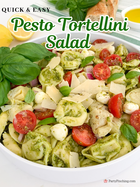 pesto tortellini pasta salad, best easy basil pesto tortellini pasta salad, easy best 30 minute meal recipe ideas for summer, best easy summer salad for picnics potlucks pasta salad, basil pesto pasta salad easy summer meals