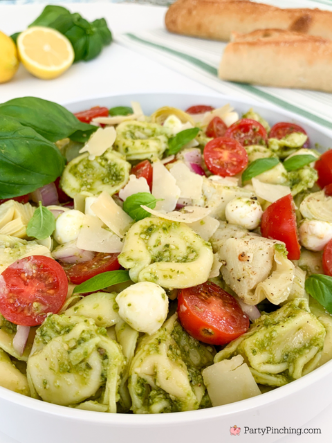 pesto tortellini pasta salad, best easy basil pesto tortellini pasta salad, easy best 30 minute meal recipe ideas for summer, best easy summer salad for picnics potlucks pasta salad, basil pesto pasta salad easy summer meals