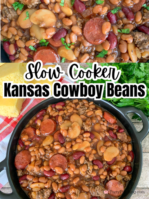 Slow Cooker Kansas Cowboy Beans, best easy cowboy beans, best crockpot cowboy beans, best easy crockpot BBQ beans, best side dishes for the 4th of july, easy best potluck picnic crowd church crock pot slow cooker recipes, best BBQ bean recipe, best barbeque bean recipe for family gatherings, best super bowl food recipe slow cooker crockpot, slow cooker chuckwagon beans calico beans cowboy beans, texas BBQ beans, best easy baked beans with kielbasa