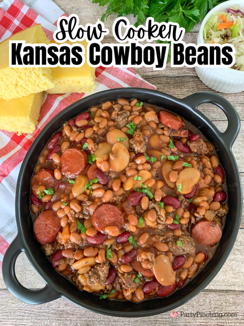 Slow Cooker Kansas Cowboy Beans, best easy cowboy beans, best crockpot cowboy beans, best easy crockpot BBQ beans, best side dishes for the 4th of july, easy best potluck picnic crowd church crock pot slow cooker recipes, best BBQ bean recipe, best barbeque bean recipe for family gatherings, best super bowl food recipe slow cooker crockpot, slow cooker chuckwagon beans calico beans cowboy beans, texas BBQ beans, best easy baked beans with kielbasa