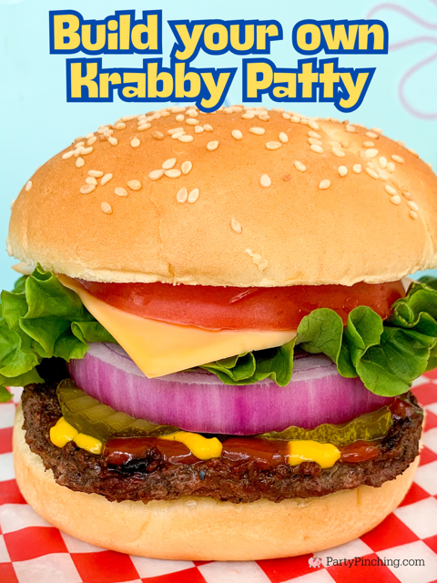Build your own Krabby Patty, authentic Krabby Patty recipe from SpongeBob cartoon, best SpongeBob themed food dessert recipe ideas, easy Spongebob party Food recipes, spongebob party for adults and kids