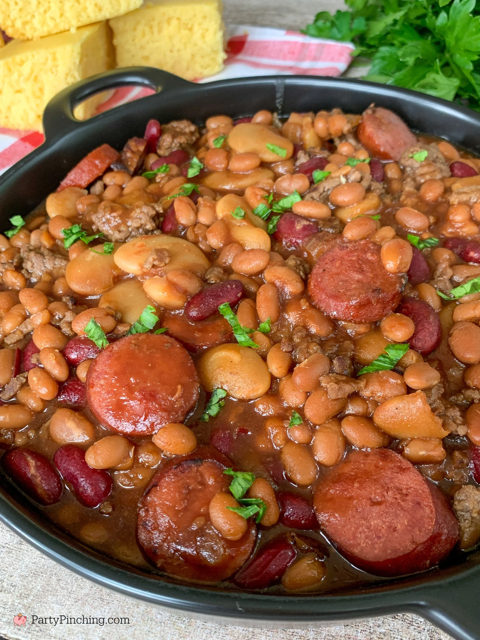 Slow Cooker Kansas Cowboy Beans, best easy cowboy beans, best crockpot cowboy beans, best easy crockpot BBQ beans, best side dishes for the 4th of july, easy best potluck picnic crowd church crock pot slow cooker recipes, best BBQ bean recipe, best barbeque bean recipe for family gatherings, best super bowl food recipe slow cooker crockpot, slow cooker chuckwagon beans calico beans cowboy beans, texas BBQ beans, best easy baked beans with kielbasa