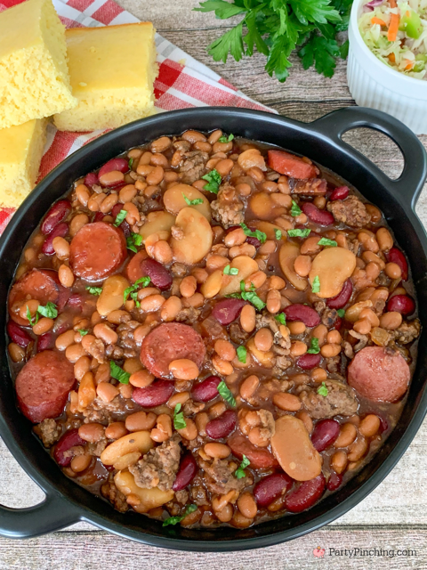 Slow Cooker Kansas Cowboy Beans, best easy cowboy beans, best crockpot cowboy beans, best easy crockpot BBQ beans, best side dishes for the 4th of july, easy best potluck picnic crowd church crock pot slow cooker recipes, best BBQ bean recipe, best barbeque bean recipe for family gatherings, best super bowl food recipe slow cooker crockpot, slow cooker chuckwagon beans calico beans cowboy beans, texas BBQ beans, best easy baked beans with kielbasa