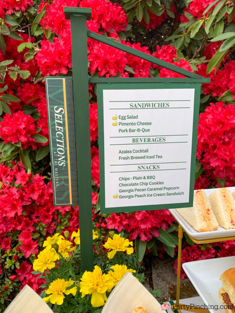 The ultimate Masters party, Augusta National Golf, Masters Golf Tournament, Masters viewing watch party ideas, best Masters Party, Taste of the Masters, Goldbelly, best easy pimento cheese sandwiches, best eggs salad sandwiches, best easy Masters peach ice cream sandwich mini recipe, Masters Azalea Drink recipe original authentic, Masters cookie, Masters golf popcorn, DIY Masters menu sign