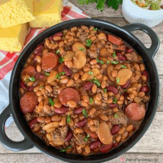 Slow Cooker Kansas Cowboy Beans, best easy cowboy beans, best crockpot cowboy beans, best easy crockpot BBQ beans, best side dishes for the 4th of july, easy best potluck picnic crowd church crock pot slow cooker recipes, best BBQ bean recipe, best barbeque bean recipe for family gatherings, best super bowl food recipe slow cooker crockpot, slow cooker chuckwagon beans calico beans cowboy beans, texas BBQ beans, best easy baked beans with kielbasa