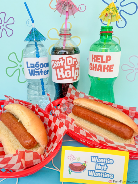 Weenie Hut Weenies, spongebob theme party, best easy spongebob party ideas, cute creative spongebob party ideas, chocolate bars, kelpo cheesecake cups, best spongebob doodle bob cake, chum bucket chum on a stick, sandy's tree dome moon pies