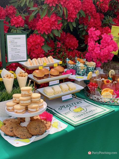 The ultimate Masters party, Augusta National Golf, Masters Golf Tournament, Masters viewing watch party ideas, best Masters Party, Taste of the Masters, Goldbelly, best easy pimento cheese sandwiches, best eggs salad sandwiches, best easy Masters peach ice cream sandwich mini recipe, Masters Azalea Drink recipe original authentic, Masters cookie, Masters golf popcorn, DIY Masters menu sign