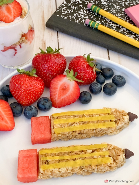 back to school sunbelt bakery granola bars, pencil back to school granola, healthy back to school breakfast snack, cute back to school treat for kids, granola fruit snack watermelon pencil for school snack, kid friendly healthy back to school snack for kids