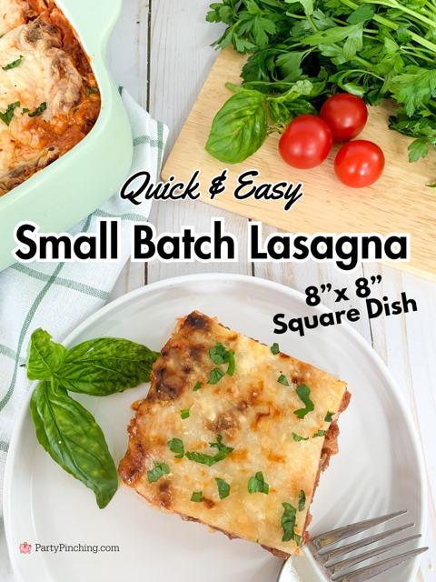 quick and easy small batch lasagna, 8x8 pan dish lasagna, no boil noodle lasagna, ricotta cheese parsley jar sauce lasagna, easy lasagna for 2 people, 4 person lasagna, easy quick weeknight dinner for 2, square dish lasagna