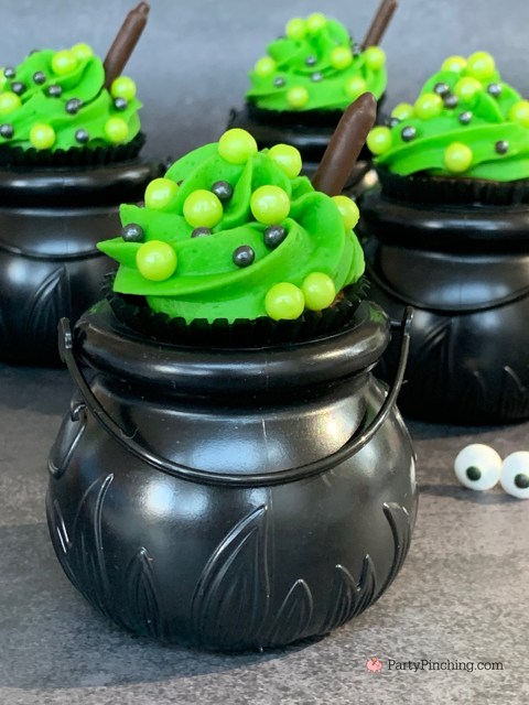 Halloween Cauldron Brownie Bites no bake, easy to make no bake Halloween treat dessert party recipe ideas, fast and easy Halloween treat dessert ideas for kids and adults, green bubbling cauldron cupcake brownie bites with pearl candies and pocky Entenmann's Brownie Bites no bake dessert recipe ideas for Halloween, Entenmann's brownie bites no bake Halloween dessert recipe ideas for parties