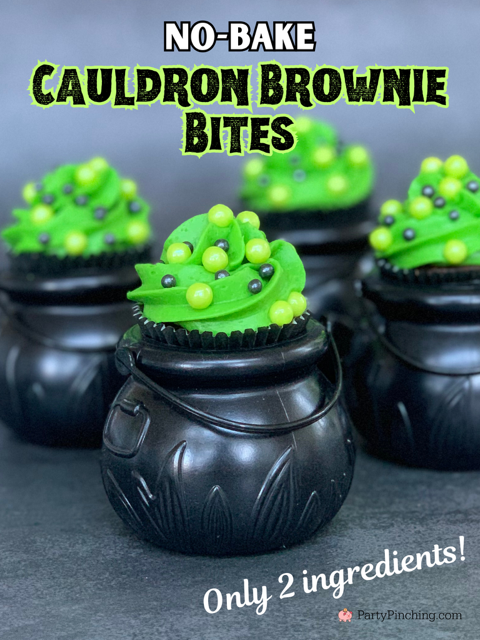 Halloween Cauldron Brownie Bites no bake, easy to make no bake Halloween treat dessert party recipe ideas, fast and easy Halloween treat dessert ideas for kids and adults, green bubbling cauldron cupcake brownie bites with pearl candies and pocky Entenmann's Brownie Bites no bake dessert recipe ideas for Halloween, Entenmann's brownie bites no bake Halloween dessert recipe ideas for parties