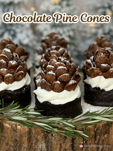 Chocolate Pine Cone Ring Dings, easy to make chocolate pine cones 2 ingredient pine cones, Post protein chocolate cereal pine cones, Ring ding pine cone cakes with powdered sugar snow. easy chocolate pine cone cupcakes, no bake Christmas winter holiday evergreen treat dessert recipe ideas, elegant no bake dessert ideas for the holidays