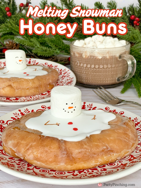 melting snowman honey buns, drake's glazed honey buns, easy Christmas morning breakfast for kids, winter morning breakfast, winter vacation snack, Christmas breakfast no bake, easy breakfast ideas for kids, easy Christmas morning breakfast recipe ideas no cook no bake