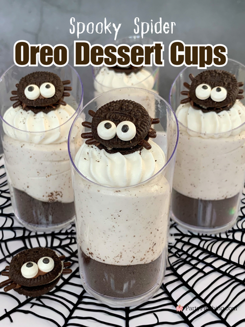 spooky spider Oreo Dessert cups, cute easy Oreo dessert cups, mini dessert cups for Halloween mini Oreos, Mini Oreo spiders, easy to make no bake Halloween dessert recipe ideas, best easy Halloween recipe, cute Halloween dessert ideas fun for kids easy to make