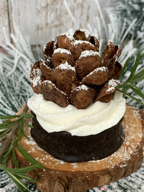 chocolate pine cone ring dings, easy to make no bake chocolate pine cone cakes with chocolate cereal powdered sugar, winter wonderland cupcakes, easy no bake winter wonderland holiday pine cone cupcakes cakes fun quick holiday treat snack
