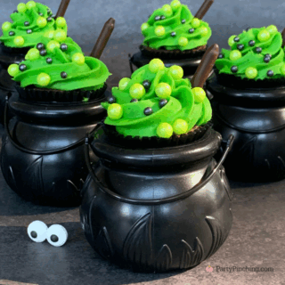 Halloween Cauldron Brownie Bites no bake, easy to make no bake Halloween treat dessert party recipe ideas, fast and easy Halloween treat dessert ideas for kids and adults, green bubbling cauldron cupcake brownie bites with pearl candies and pocky Entenmann's Brownie Bites no bake dessert recipe ideas for Halloween, Entenmann's brownie bites no bake Halloween dessert recipe ideas for parties