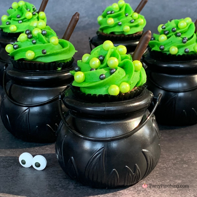 Halloween Cauldron Brownie Bites no bake, easy to make no bake Halloween treat dessert party recipe ideas, fast and easy Halloween treat dessert ideas for kids and adults, green bubbling cauldron cupcake brownie bites with pearl candies and pocky Entenmann's Brownie Bites no bake dessert recipe ideas for Halloween, Entenmann's brownie bites no bake Halloween dessert recipe ideas for parties