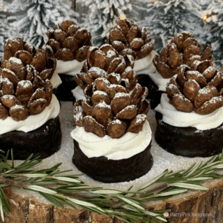 chocolate pine cone ring dings, easy to make no bake chocolate pine cone cakes with chocolate cereal powdered sugar, winter wonderland cupcakes, easy no bake winter wonderland holiday pine cone cupcakes cakes fun quick holiday treat snack