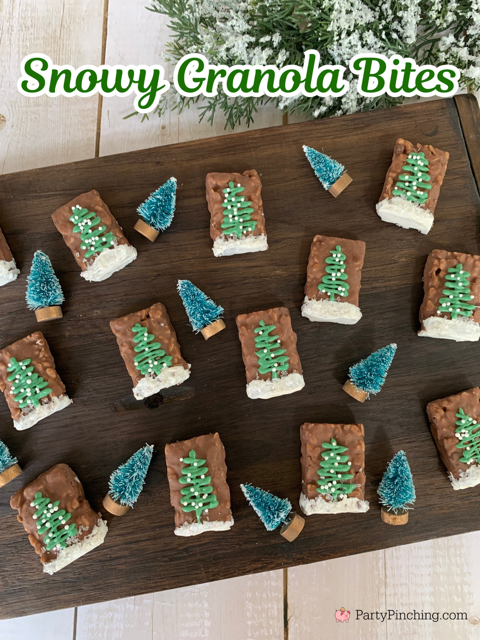Snowy Granola Bites, Sunbelt Bakery Fudge Dipped Chocolate Chip Chewy Granola Bars, easy no bake winter evergreen dessert ideas, granola bites, winter tree granola snacks
