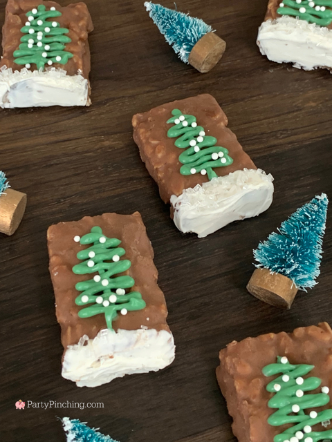 Snowy Granola Bites, Sunbelt Bakery Fudge Dipped Chocolate Chip Chewy Granola Bars, easy no bake winter evergreen dessert ideas, granola bites, winter tree granola snacks