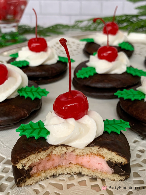 Christmas Cherry Cordials, easy no bake cherry cordials, Little Debbie Cherry Cordials, best easy cherry cordial cakes, festive holly stem maraschino cherry whipping cream, easy best holiday Christmas fast quick dessert recipe ideas