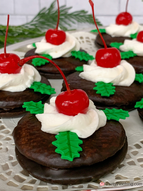 Christmas Cherry Cordials, easy no bake cherry cordials, Little Debbie Cherry Cordials, best easy cherry cordial cakes, festive holly stem maraschino cherry whipping cream, easy best holiday Christmas fast quick dessert recipe ideas