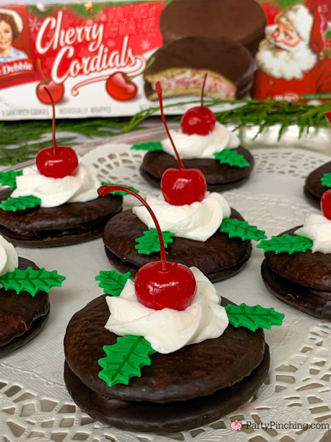 Christmas Cherry Cordials, easy no bake cherry cordials, Little Debbie Cherry Cordials, best easy cherry cordial cakes, festive holly stem maraschino cherry whipping cream, easy best holiday Christmas fast quick dessert recipe ideas