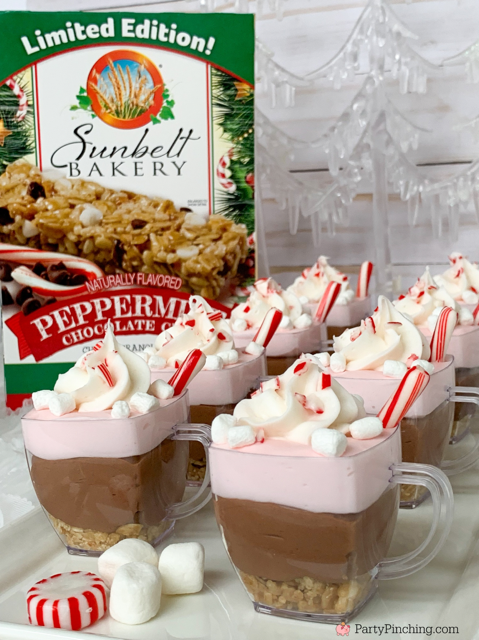 Peppermint Hot Cocoa Cheesecake Cups, Sunbelt Bakery Peppermint Chewy Granola Bars, easy best Christmas holiday peppermint hot cocoa recipe, no bake peppermint hot chocolate cheesecake cups, mini dessert for Christmas no bake for a crowd