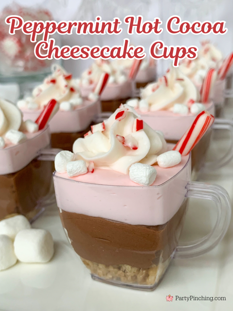 Peppermint Hot Cocoa Cheesecake Cups, Sunbelt Bakery Peppermint Chewy Granola Bars, easy best Christmas holiday peppermint hot cocoa recipe, no bake peppermint hot chocolate cheesecake cups, mini dessert for Christmas no bake for a crowd