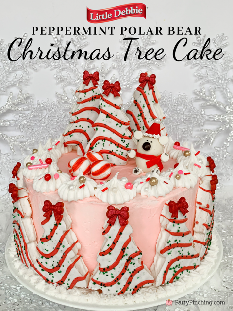 Peppermint Polar Bear Christmas Tree Cake, Best, easy Little Debbie Christmas Tree recipe ideas, cute polar bear cake Christmas, peppermint Christmas cake, easy peppermint pink cake with Little Debbie Christmas trees