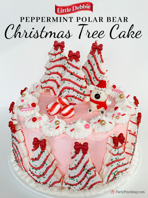 Peppermint Polar Bear Christmas Tree Cake, Best, easy Little Debbie Christmas Tree recipe ideas, cute polar bear cake Christmas, peppermint Christmas cake, easy peppermint pink cake with Little Debbie Christmas trees