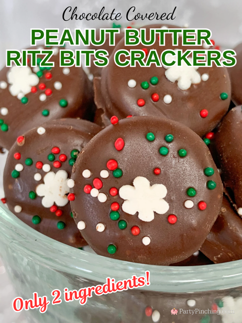 Peanut Butter Ritz Bitz Crackers, 2 ingredient Christmas cookies, no bake Christmas cookies, best Christmas cookie exchange recipe ideas no bake, easy best Christmas cookies, peanut butter Ritz Bit recipe, holiday Ritz
