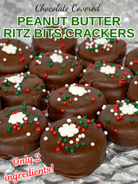 Chocolate Peanut Butter Ritz Bits Crackers, 2 ingredient Christmas cookies, no bake Christmas cookies, best Christmas cookie exchange recipe ideas no bake, easy best Christmas cookies, peanut butter Ritz Bit recipe, holiday Ritz, best easy 2 ingredient chocolate covered peanut butter Ritz bits cracker for Christmas holidays
