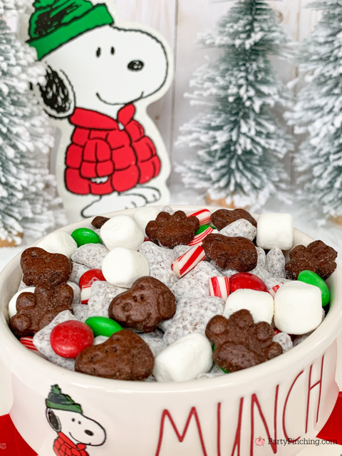 Snoopy's Peppermint Hot Cocoa Puppy Chow, best easy quick Christmas Puppy Chow snack mix, hot cocoa chocolate peppermint puppy chow, easy best Christmas holiday puppy Chow, Snoopy cookies, Pepperidge Farm Snoopy Peppermint chocolate cookies, Christmas M&M's,  best easy Christmas Snoopy Muddy Buddy recipe for holidays candy melts peppermint hot cocoa mix